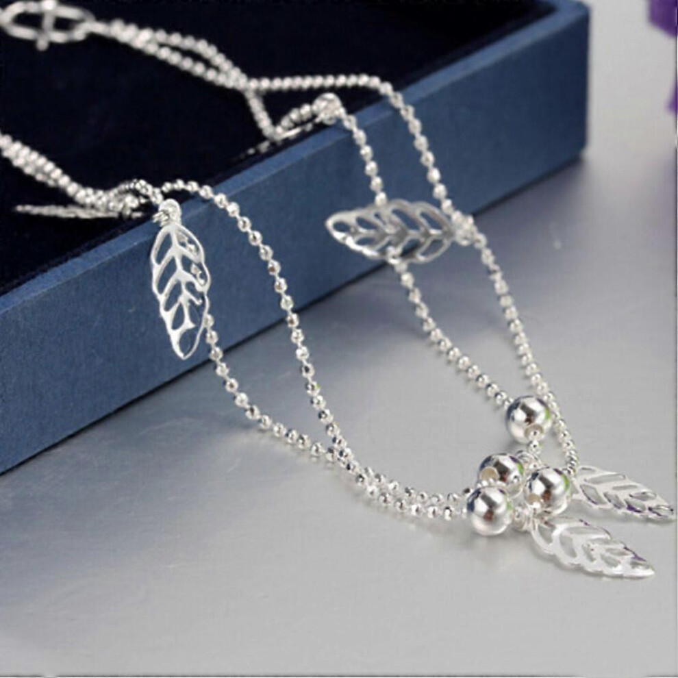 (As Show, One Size) Women Silver Plated Anklet Leaf Ankle Bracelet Bead Anklets 3671082423727