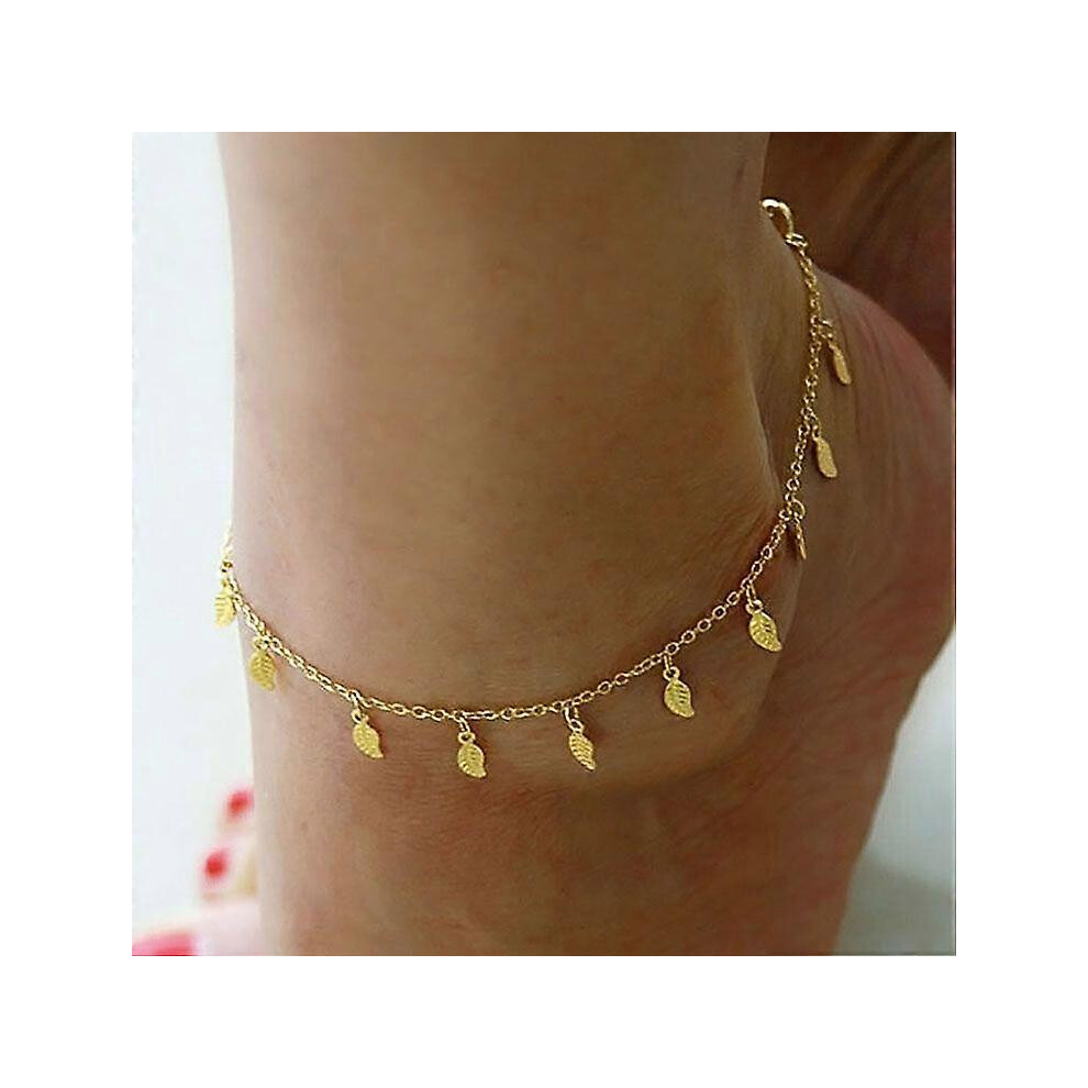 (As Show, One Size) Sexy Simple Gold Anklet Ankle Bracelet Leaf Foot Chain Adjustable Women Jewelry 3671082424687