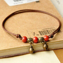 (A3, Blue) Blue Ceramic Brown Rope Anklet Women Girls Hand-Woven Beaded Fashion Jewelry