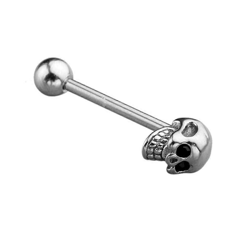 (As Show, Green) 14G Stainless Steel Cz Gem Skull Silvery Tongue Barbell Ring Bar Body Piercing 7371837679022