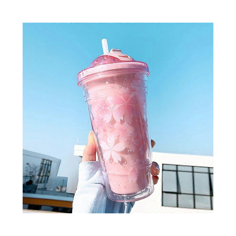 (As Show, Purple) 480Ml Sakura Plastic Cup With Straw And Lid Bpa Free Double Wall Adult Drinking 3671082440274