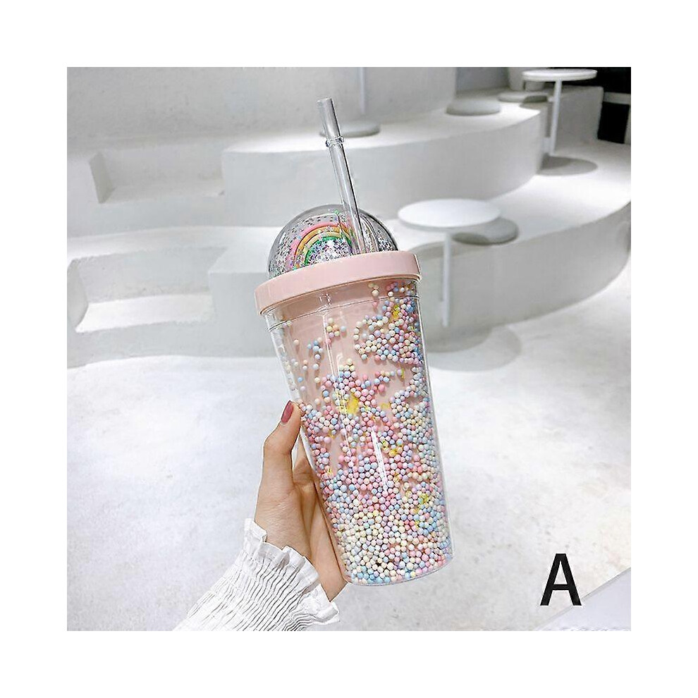 (D, Purple) Double Layers Rainbow Plastic Water Bottle With Straw Creative 550Ml Mug 3671082424755