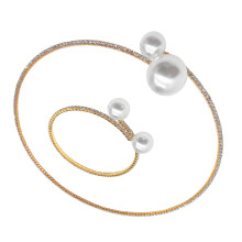 2Pcs Women Bracelet Necklace Set Golden Pearl Hand Jewelry for Bride