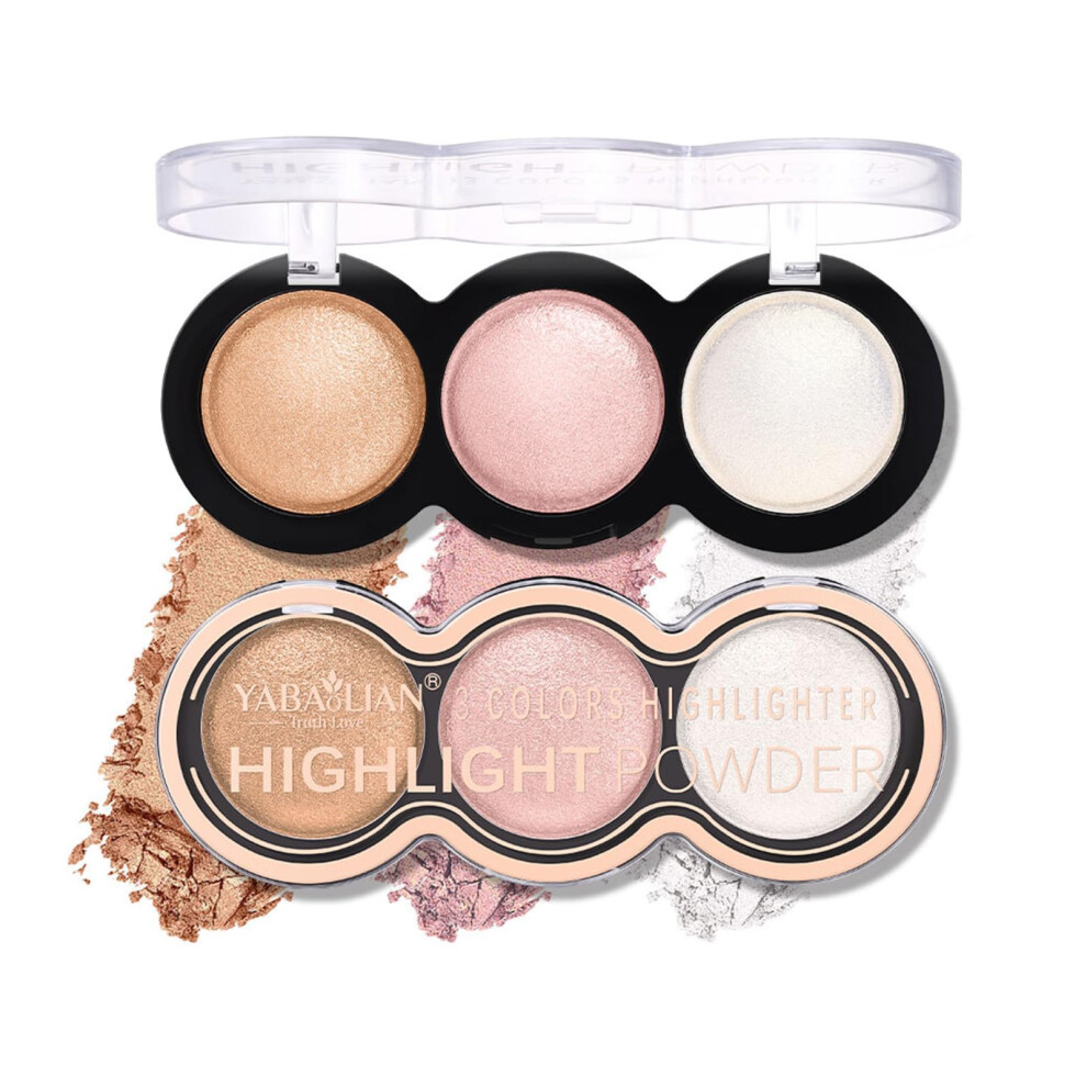 3 Color Highlighter Palette with Blush, Waterproof LongLasting Face Illuminator, Vegan Glow