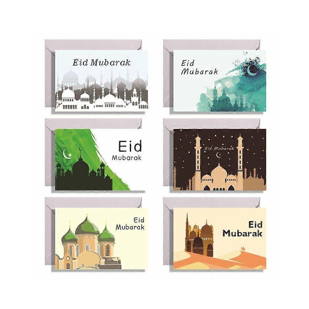 (As Show, B) 6Pcs Castle Print Eid Mubarak Greeting Card With Envelopes And Stickers Muslim Holiday Folding Ramadan Invitation Cards 5213747858758