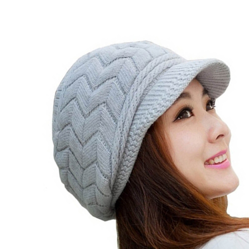 Women's Winter Warm Knit Hat Wool Snow Ski Cap With Visor (Grey)-image