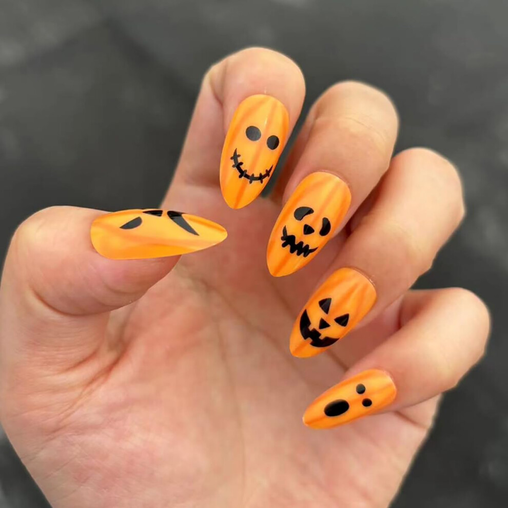 Halloween Press On Nails Pumpkin Design Reusable Glossy Full Cover Fake Nails for Women 24Pcs