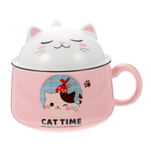 Cartoon Cat Ceramic Noodle Bowl with Handle and Lid, Large 1020mL Soup Serving Dish