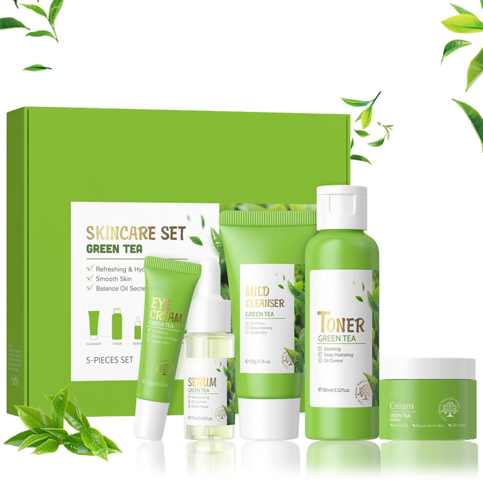 Green/Cream Tea Skincare Set For Women And Teens, 5 Step Facial Kit With Cleanser Toner Serum Eye Gentle Daily Care