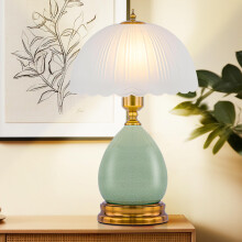 Vintage Table Lamp, 16 Inch Green Ceramic Bedside Light with Glass Shade, Adjustable LED for Bedroom