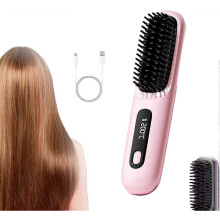 (Pink) Cordless Negative-ion Hair Straightener Brush - Anti Scald Salon Styling Comb