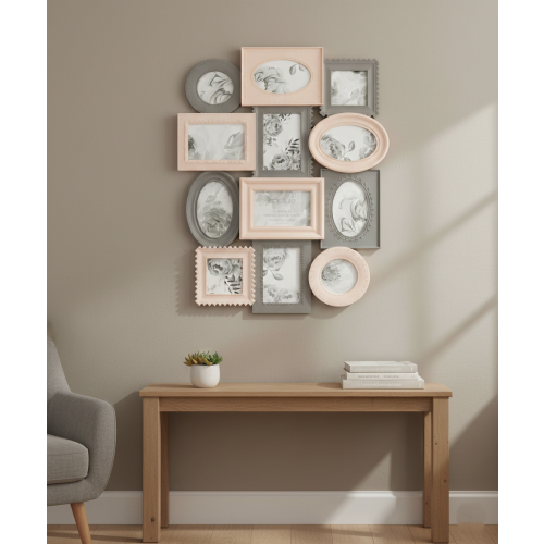 12 Multi Shape Wall Photo Frame Pink-Grey 67x52 Cm