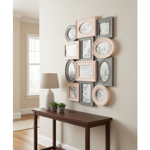 12 Multi Shape Wall Photo Frame Pink-Grey 67x52 Cm 1