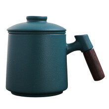 1Set Green Ceramic Tea Cup with Infuser Lid Wood Handle Classic Design