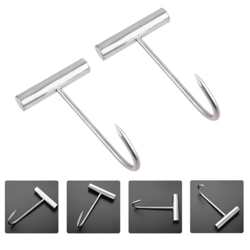 2Pcs Stainless Steel Kitchen Meat Hooks T-Shaped Butcher Hooks Silver 2