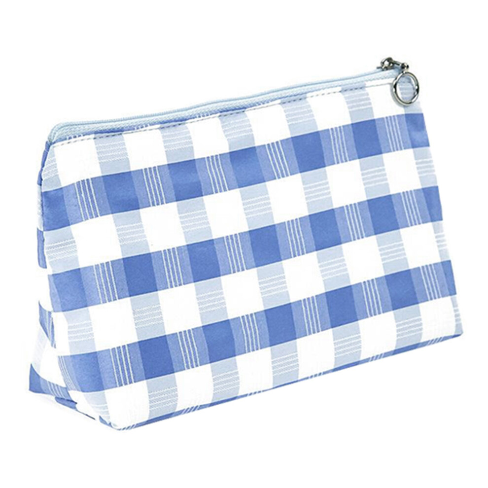 Happyyami Blue 1Pc Canvas Plaid Cosmetic Bag Durable Zipper Makeup Pouch