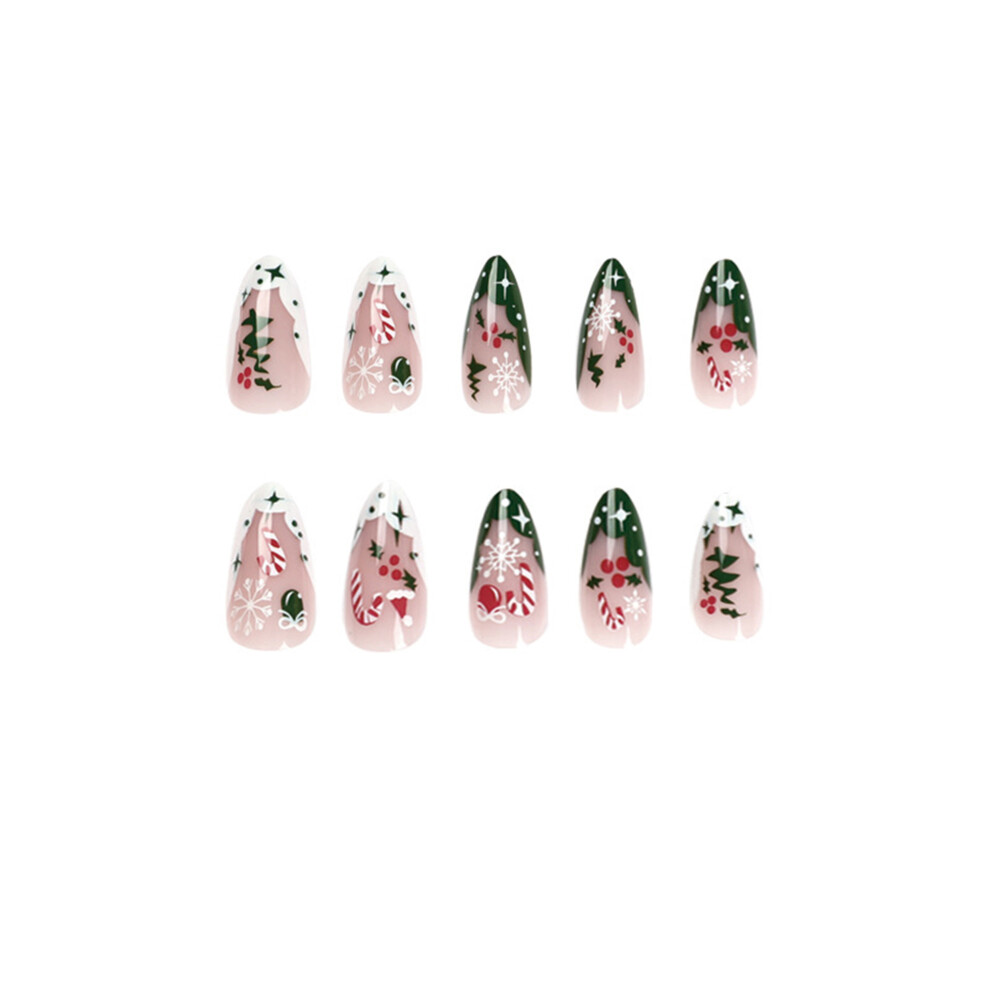 (24Pcs Set, Multicolor) Christmas Artificial Nails Set Cute Snowflake Cane Print Long False Nail Full Cover Nail Tips for Women Manicure Kit