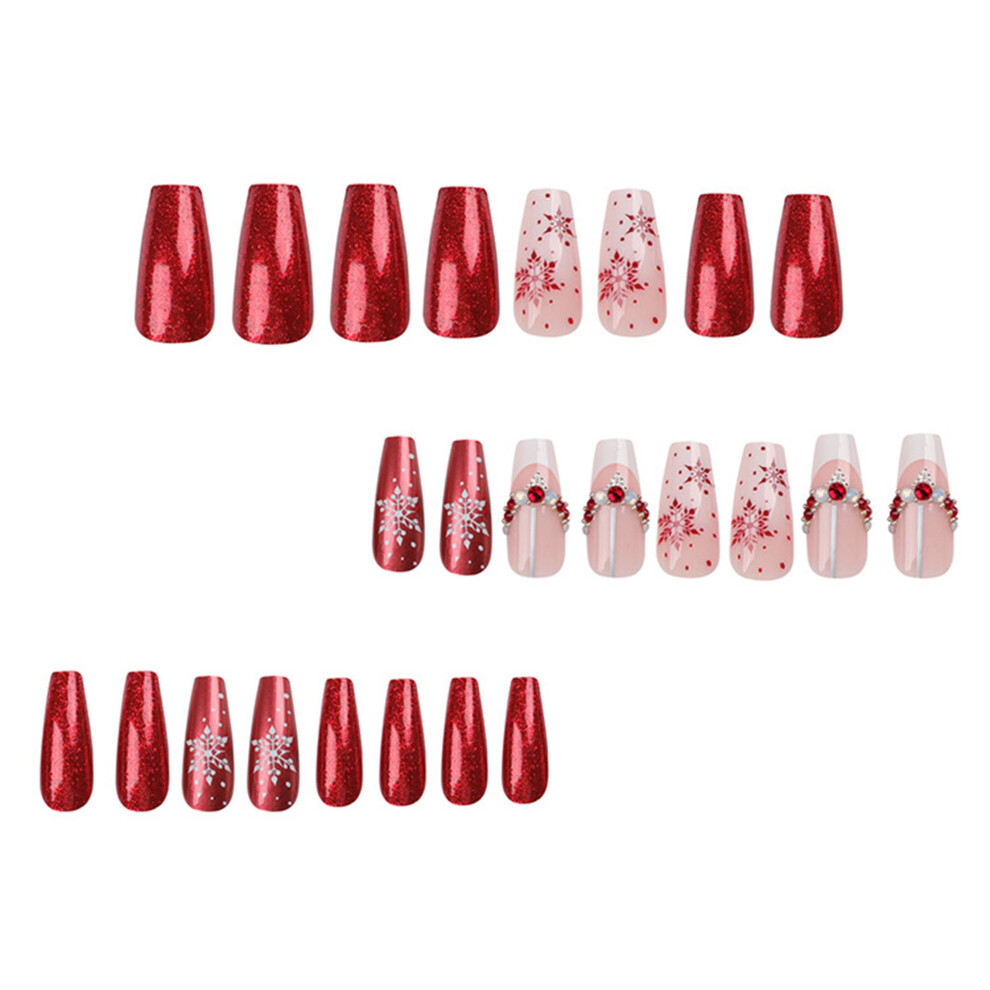 (24Pcs Set, Red) Christmas Artificial Nails Set Natural Snowflake False Nail Full Cover Nail Tips for Women Manicure Kit