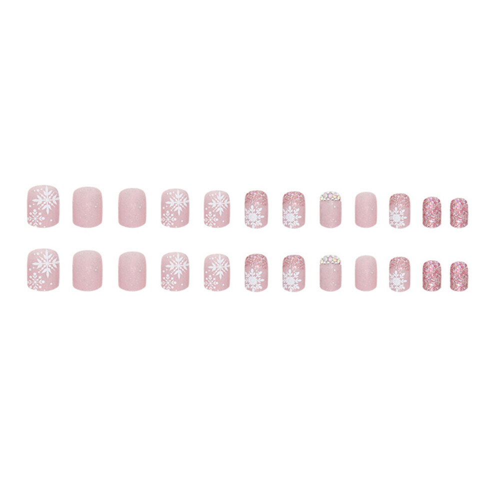 Pink (One Size, ) Christmas Press On Nails 24Pcs Short Fake Nails Glossy Glue On Square Nails With Snowflake Glitter Design
