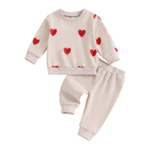 (6-12 Months, Beige) Ensemble 2 pièces petite fille pour la Saint-Valentin : sweat-shirt brodé de cœurs et pantalon élastique.