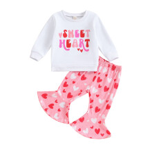 (18-24 Months, White) Conjunto infantil para o Dia dos Namorados: blusa de manga longa com estampa de letras e calça de corações.