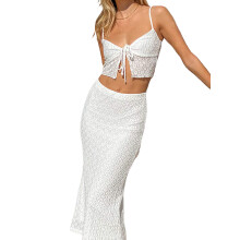 (L, White) Ensemble femme été : débardeur sans manches noué devant et jupe longue, idéal pour la plage.
