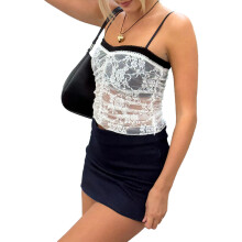 (L, Black) Ensemble 2 pièces pour femme, idéal pour l'été : débardeur en dentelle transparente et mini-jupe moulante. Tenue de soirée.