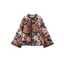 (L, Multicolor) Veste matelassée d'hiver femme, cardigan léger manches longues, imprimé floral décontracté, parfait automne et streetwear.