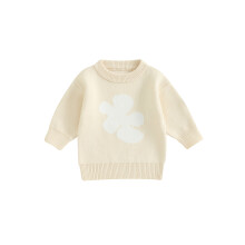 (2-3 Years, Beige) Suéter de tricô casual de inverno para meninas, manga comprida, gola redonda, estampa floral.