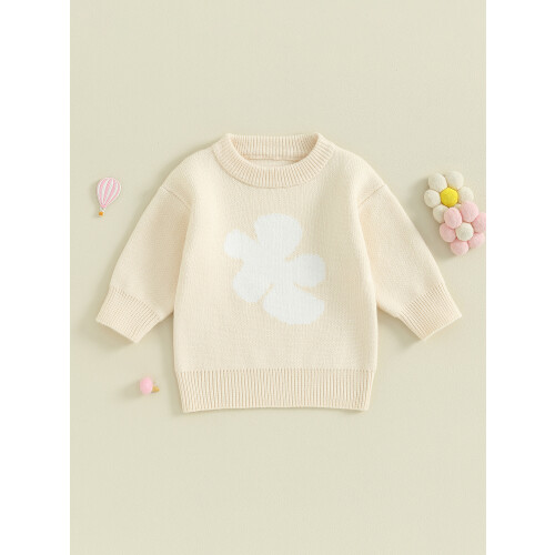 (2-3 Years, Beige) Mädchen Winter Casual Strickpullover Langarm Rundhals Blumenmuster Pullover Strickwaren 1
