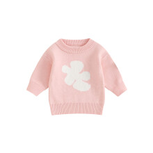 (12-24 Months, Pink) Suéter de tricô casual de inverno para meninas, manga comprida, gola redonda, estampa floral.