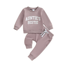 (12-18 Months, Purple) Baby Girls 2-piece Outfit, Letters Print Long Sleeve Crew Neck Sweatshirt with Elastic Waist Sweatpants Fall Clothes