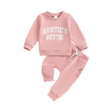 (2-3 Years, Pink) Baby Girls 2-piece Outfit, Letters Print Long Sleeve Crew Neck Sweatshirt with Elastic Waist Sweatpants Fall Clothes