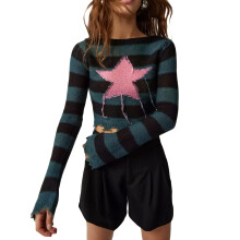 (M, Colorful) Pull court en maille pour femme, style vintage, manches longues, col rond, étoiles, streetwear
