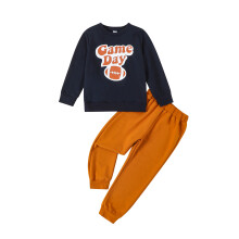 (7-8 Years, Maroon) Conjunto de outono para meninos: calça, blusa de manga longa com estampa estilo rugby e cintura elástica.