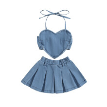 (2-3 Years, Blue) Ensemble en denim pour petites filles : haut sans manches à col halter cœur et jupe plissée. Vêtements enfants.