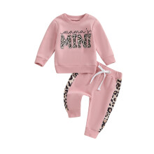 (18-24 Months, Pink) Conjunto de 2 piezas de ropa de otoño para niña pequeña con estampado de letras y leopardo, manga larga, tirantes y pantalones