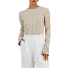 (L, Khaki) Women's Spring Autumn Knit Tops Solid Color Long Sleeve Crewneck Ribbed Knitwear