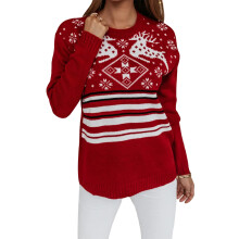 (S, Red) Women's Christmas Sweaters Classic Snowflake Stripes Print Long Sleeve Round Neck Pullover Knit Tops