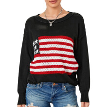 (XL, Black) Women´s Autumn Winter Knit Sweater Long Sleeve Crewneck Flag Print Loose Knitwear