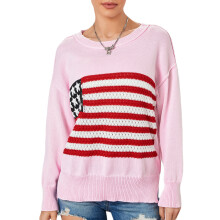 (L, Pink) Pull en maille pour femme, automne-hiver, manches longues, col rond, imprimé drapeau, coupe ample