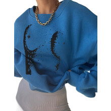 (M, Blue) Sweat-shirt ample à manches longues et col rond imprimé pour femme, idéal pour le printemps et l'automne.