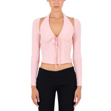 (S, Pink) Ensembles débardeurs dos nu pour femmes, hauts courts à manches longues unis + camisoles