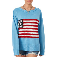 (M, Blue) Pull en maille pour femme, automne-hiver, manches longues, col rond, imprimé drapeau, coupe ample