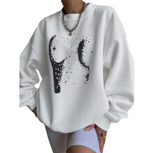 (M, White) Sweat-shirt ample à manches longues et col rond imprimé pour femme, idéal pour le printemps et l'automne.