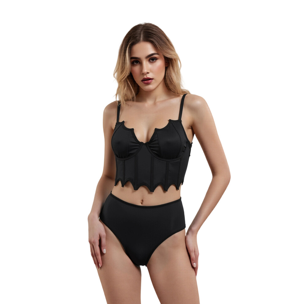 Black (L, ) Women Halloween Babydoll Lingerie Set Bat Corset Camisole Bra And Elastic Panty Set For Naughty Sleepwear