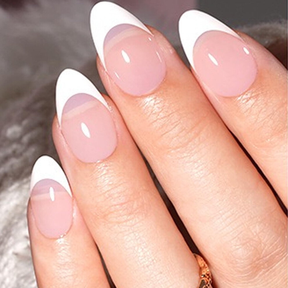Pink,White White French Tip Press On Nails Medium Almond Shape With Pink Nail Bed 120Pcs Reusable Gel Tips 15 Sizes