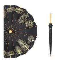 16 Ribs Windproof Golf Umbrella with Large Canopy Wooden Handle and Retro Trees Print for Men