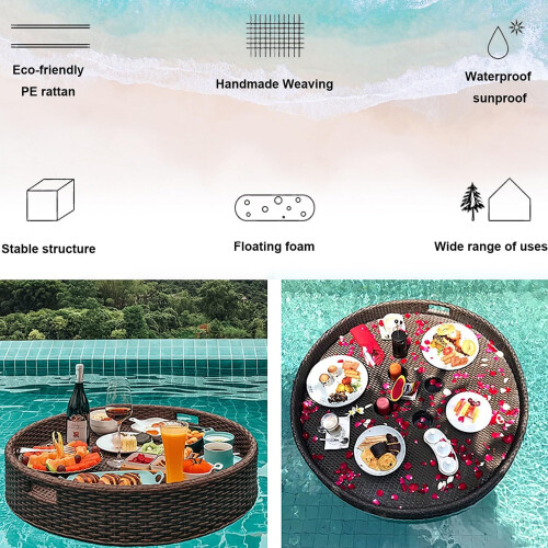 Floating Pool Tray Waterproof Round Rattan Serving Tray with RustProof Frame for Poolside Parties 1