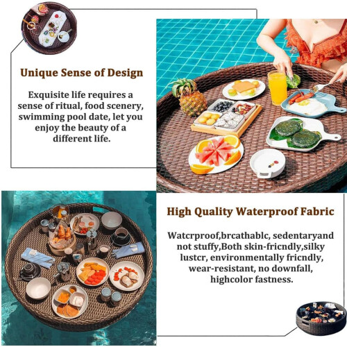 Floating Pool Tray Waterproof Round Rattan Serving Tray with RustProof Frame for Poolside Parties 2
